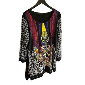 Caleena Women's Tunic Top Size 2X Multicolor‎ Print Asymmetrical Hem Casual